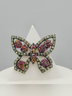 Vintage Butterfly Brooch AB Rhinestone Red Orange Flower Costume Pin c1970s